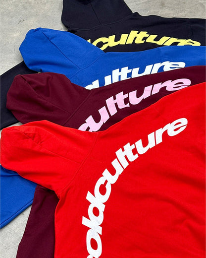 CURVED HOODIE VIBRANT RED - red logo print hoodie, flat lay with matching pieces - Cold Culture