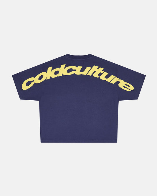 CURVED TEE ECLIPSE - navy blue oversized tee, back view - Cold Culture