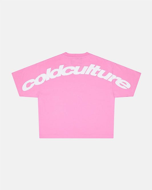 CURVED TEE FUCHSIA PINK - pink oversized tee, back view - Cold Culture