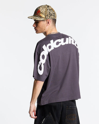 CURVED TEE NINE IRON - dark grey oversized tee, back view on male model - Cold Culture #man
