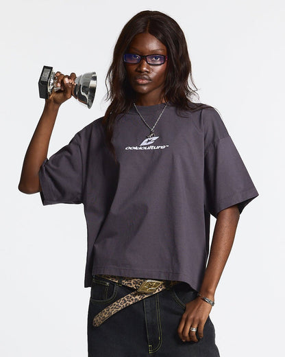 CURVED TEE NINE IRON - dark grey oversized tee, front view on female model - Cold Culture #woman