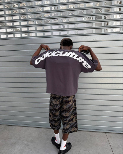 CURVED TEE NINE IRON - dark grey oversized tee, street style shot - Cold Culture