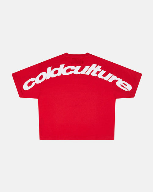 CURVED TEE RACING RED - red oversized tee, back view - Cold Culture
