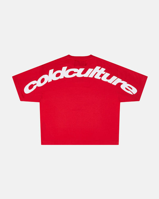 CURVED TEE RACING RED - red oversized tee, back view - Cold Culture