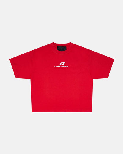 CURVED TEE RACING RED - red oversized tee, front view - Cold Culture