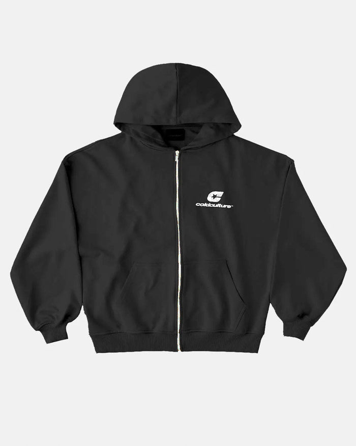 CURVED ZIP HOODIE INDIA INK - black logo print zip hoodie, front view - Cold Culture