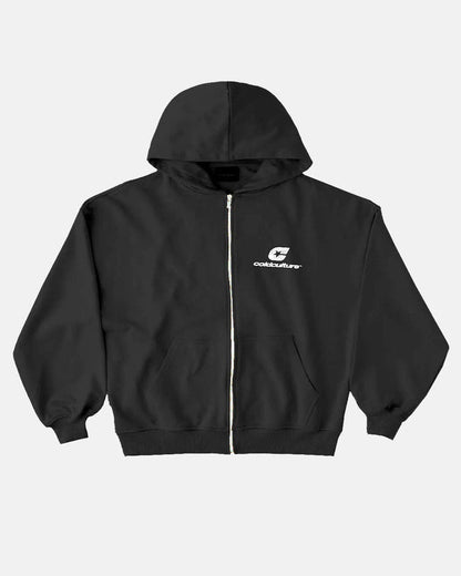 CURVED ZIP HOODIE INDIA INK - black logo print zip hoodie, front view - Cold Culture