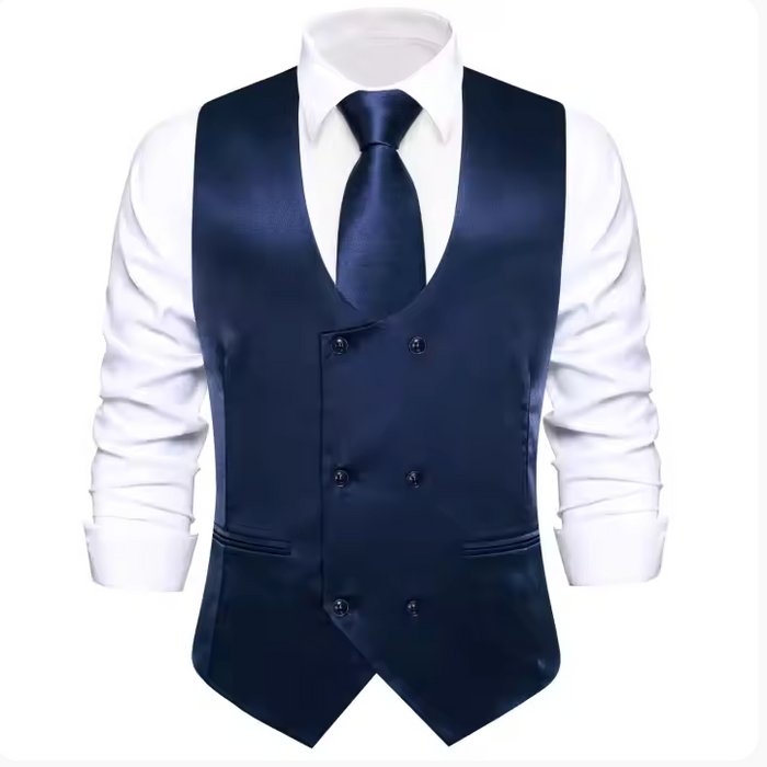 Dark Blue Solid U-Neck Double-Breasted Vest Set- MJ-3255