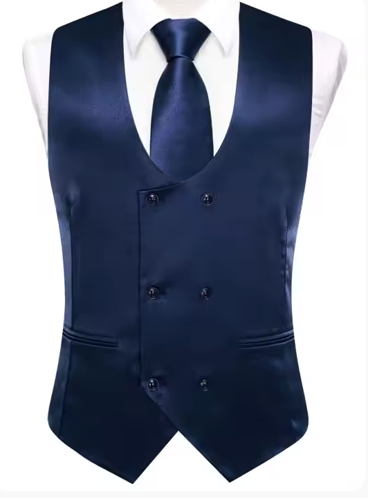Dark Blue Solid U-Neck Double-Breasted Vest Set- MJ-3255