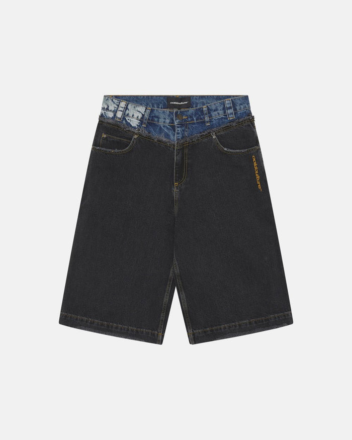DARK SEA SHORT - baggy black denim shorts, front view - Cold Culture
