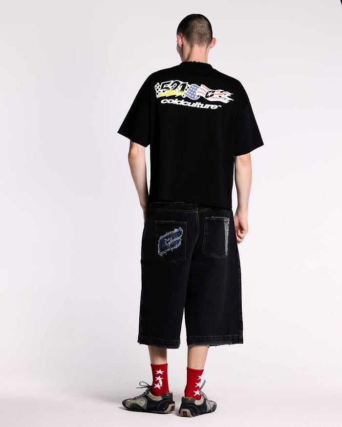 DARK SEA SHORT - baggy black denim shorts, back view on male model - Cold Culture #man