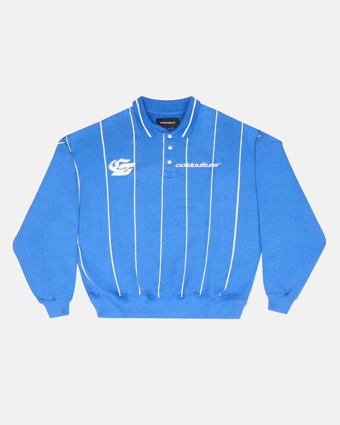 DEFENDER POLO DARK NAVY - blue pinstriped longsleeve polo, front view - Cold Culture