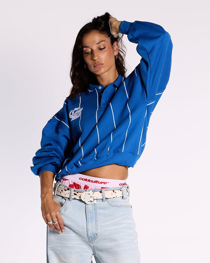 DEFENDER POLO DARK NAVY - blue pinstriped longsleeve polo, front view on female model - Cold Culture #woman