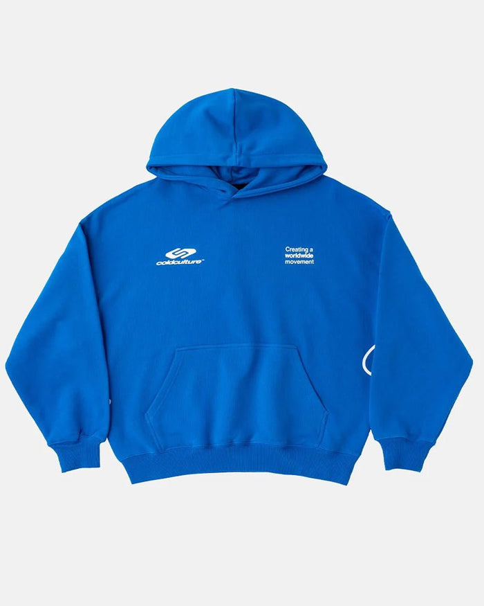 DEFENSE HOODIE ELECTRIC BLUE - royal blue graphic print hoodie, front view - Cold Culture