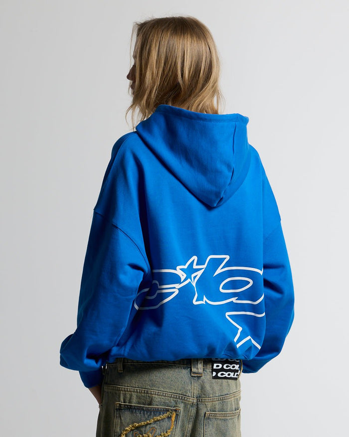 DEFENSE HOODIE ELECTRIC BLUE - royal blue graphic print hoodie, back view on female model - Cold Culture #woman