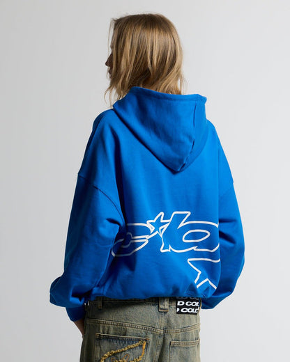 DEFENSE HOODIE ELECTRIC BLUE - royal blue graphic print hoodie, back view on female model - Cold Culture #woman