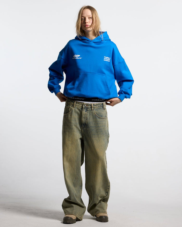 DEFENSE HOODIE ELECTRIC BLUE - royal blue graphic print hoodie, front view on female model - Cold Culture
