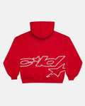 DEFENSE HOODIE RED - red graphic print hoodie, back view - Cold Culture