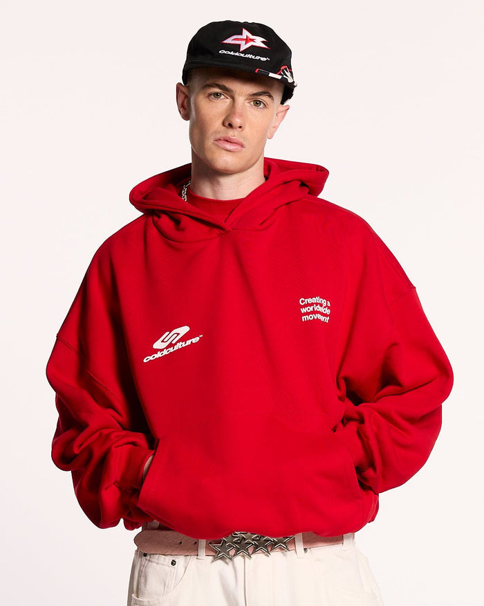 DEFENSE HOODIE RED - red graphic print hoodie, front view on male model - Cold Culture #man