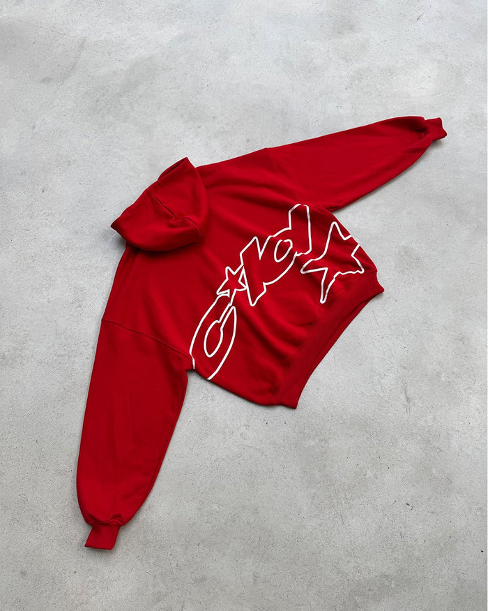 DEFENSE HOODIE RED - red graphic print hoodie, flat lay - Cold Culture