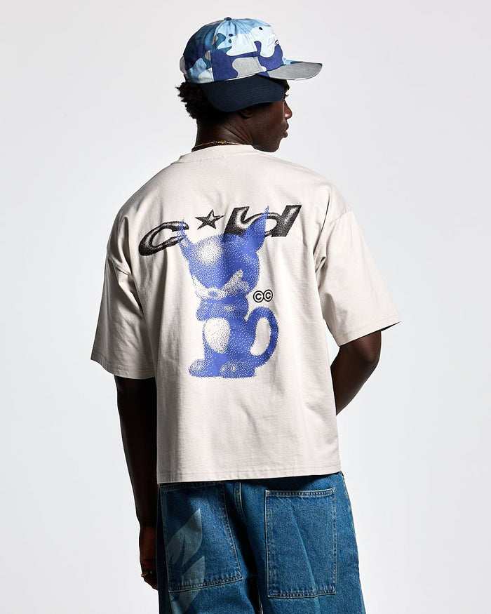 DEMON TEE WIND GREY - light grey graphic print tee, back view on male model - Cold Culture #man