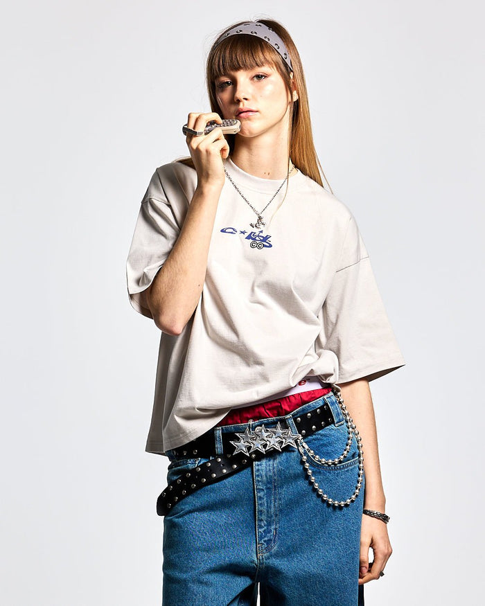 DEMON TEE WIND GREY - light grey graphic print tee, front view on female model - Cold Culture #woman