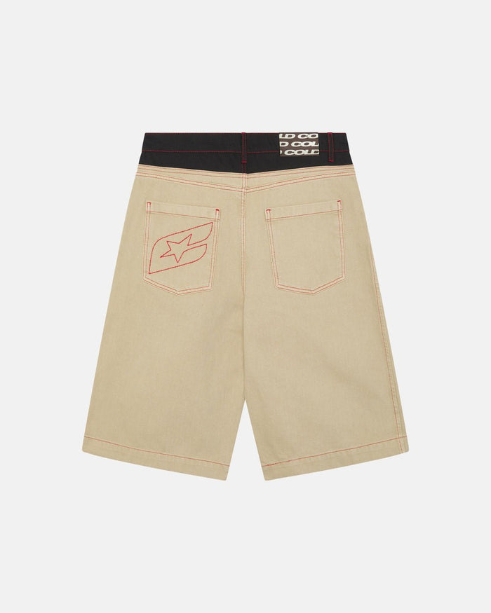 DESERT SHORT - baggy beige denim shorts, back view - Cold Culture