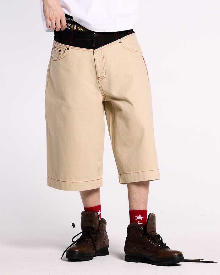 DESERT SHORT - baggy beige denim shorts, front view on male model - Cold Culture #man