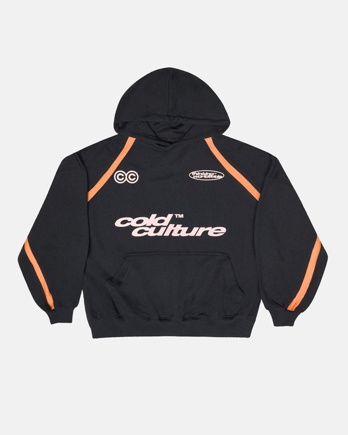 DETAILED HOODIE BLACK - black and orange hoodie, front view - Cold Culture