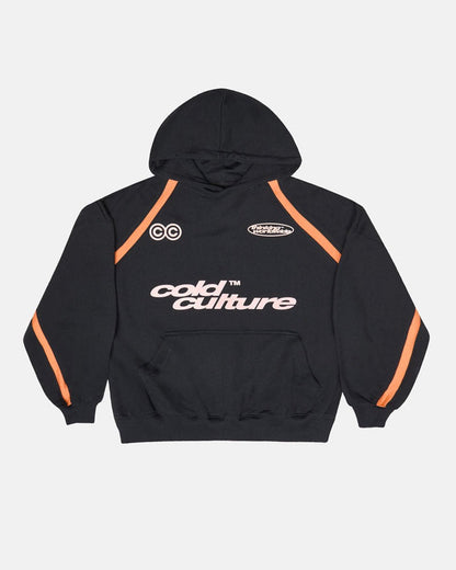 DETAILED HOODIE BLACK - black and orange hoodie, front view - Cold Culture