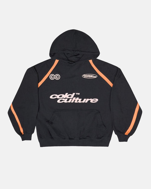 DETAILED HOODIE BLACK - black and orange hoodie, front view - Cold Culture