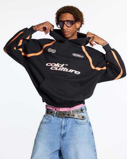 DETAILED HOODIE BLACK - black and orange hoodie, front view on male model - Cold Culture #man
