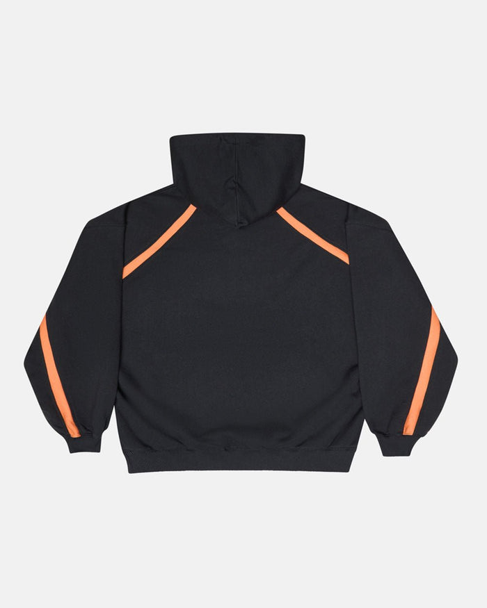 DETAILED HOODIE BLACK - black and orange hoodie, back view - Cold Culture