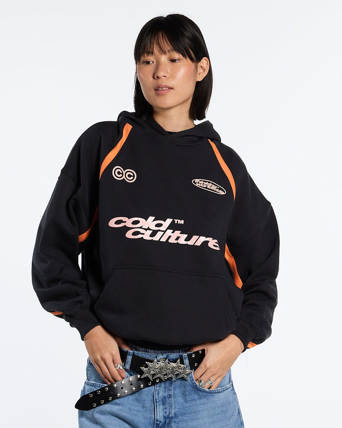 DETAILED HOODIE BLACK - black and orange hoodie, front view on female model - Cold Culture #woman