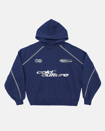 DETAILED HOODIE INDIGO BLUE - navy hoodie with contrast piping, front view - Cold Culture