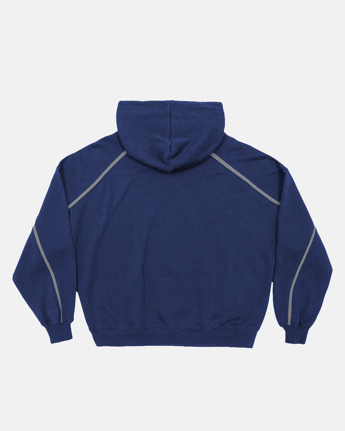 DETAILED HOODIE INDIGO BLUE - navy hoodie with contrast piping, back view - Cold Culture