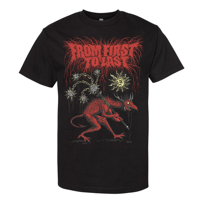 Black T-shirt with a red, beast-like creature and spiky orbs. Above the creature, stylized red text reads Iron Lung Toast. The design is aggressive and artistic, with a dark, metal band aesthetic.