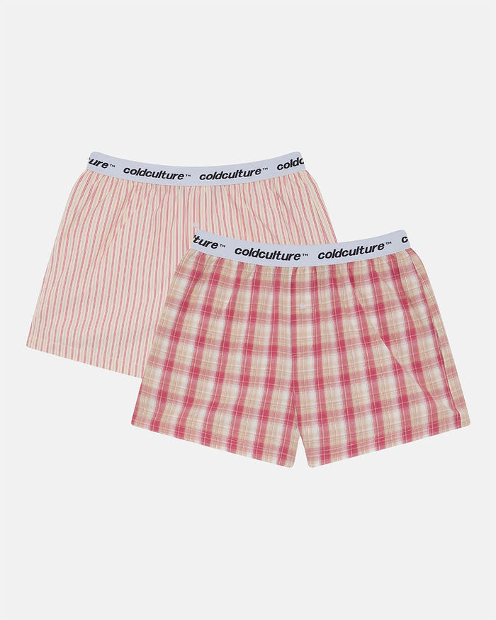 DISTORTED CHECK BOXERS - pink check boxers, flat lay with matching pieces - Cold Culture