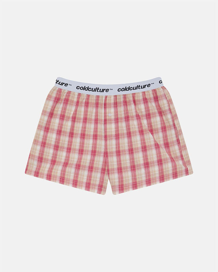DISTORTED CHECK BOXERS - pink check boxers, flat lay - Cold Culture