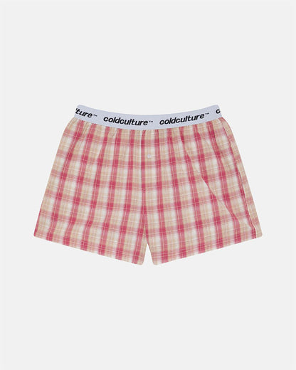 DISTORTED CHECK BOXERS - pink check boxers, flat lay - Cold Culture