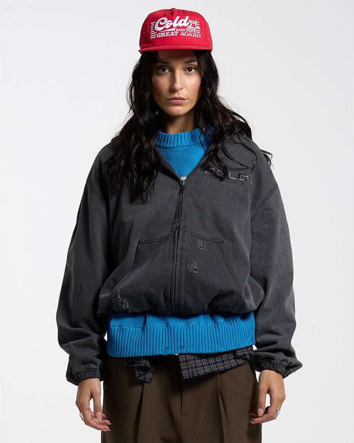 DOUBLE C STARS ZIP JACKET HEAVY GREY DENIM - washed grey denim zip jacket, front view on female model - Cold Culture #woman