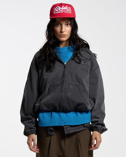DOUBLE C STARS ZIP JACKET HEAVY GREY DENIM - washed grey denim zip jacket, front view on female model - Cold Culture #woman