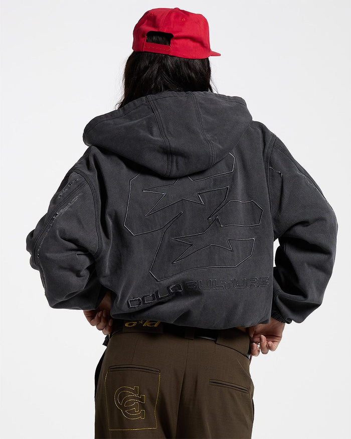 DOUBLE C STARS ZIP JACKET HEAVY GREY DENIM - washed grey denim zip jacket, back view on female model - Cold Culture #woman