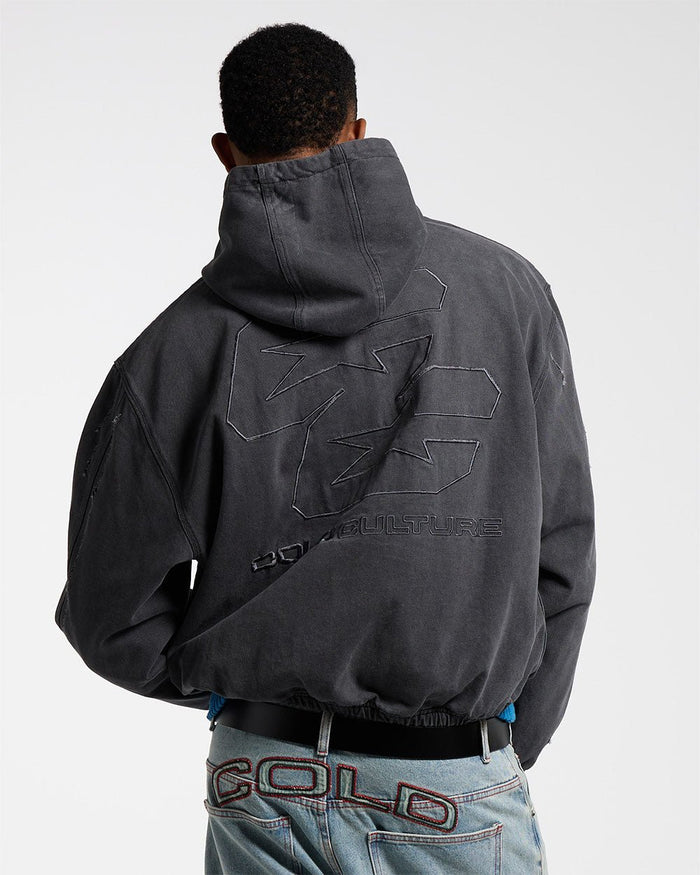 DOUBLE C STARS ZIP JACKET HEAVY GREY DENIM - washed grey denim zip jacket, back view on male model - Cold Culture #man
