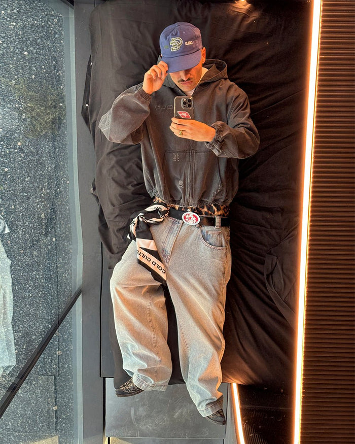 DOUBLE C STARS ZIP JACKET HEAVY GREY DENIM - washed grey denim zip jacket, street style shot - Cold Culture