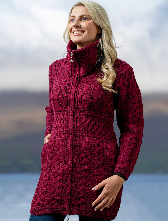 Double Collar Merino Aran Coat - wine #color_wine