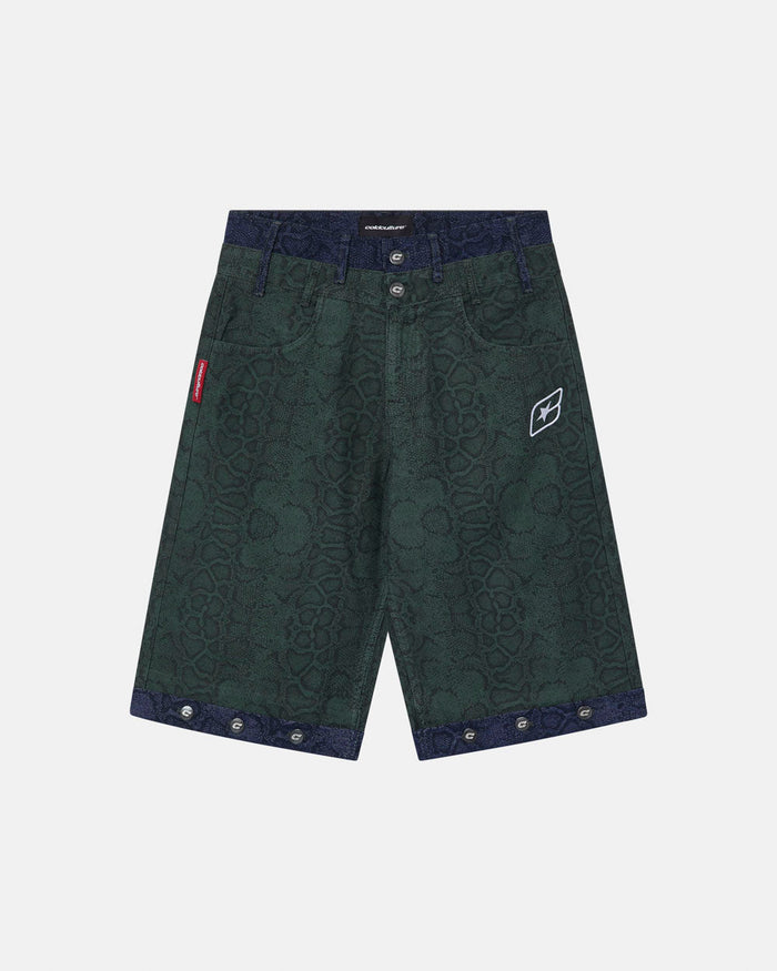 DOUBLE WAIST SNAKE SUIT JORTS GREEN - green snake print shorts, front view - Cold Culture