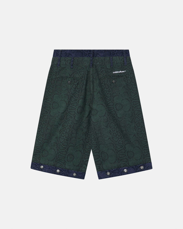 DOUBLE WAIST SNAKE SUIT JORTS GREEN - green snake print shorts, back view - Cold Culture