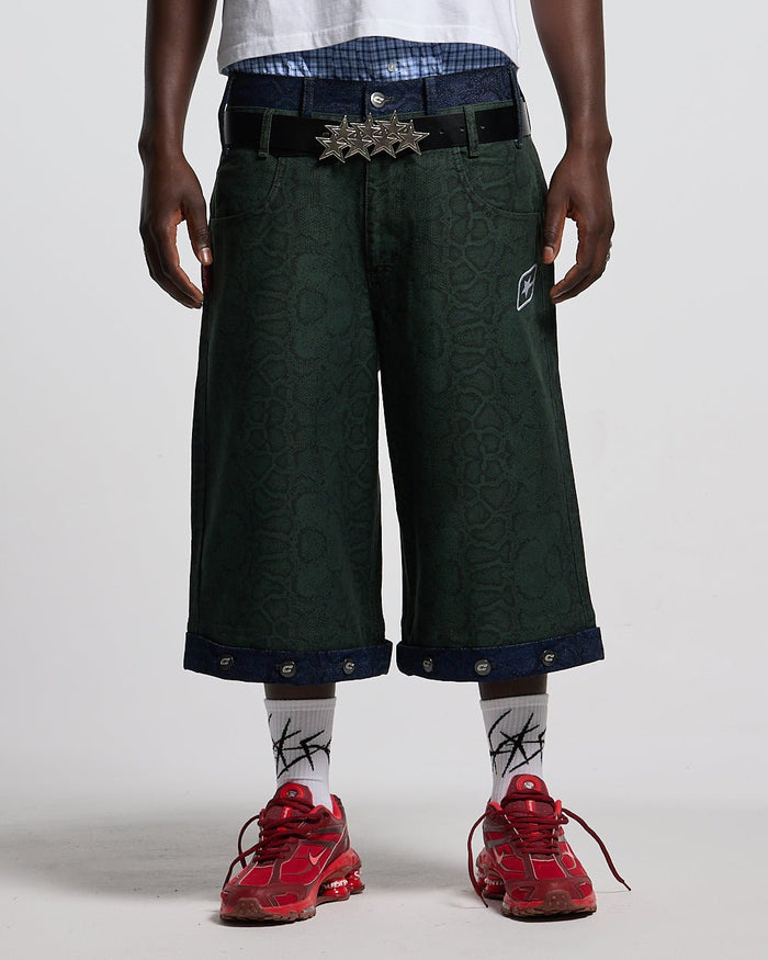 DOUBLE WAIST SNAKE SUIT JORTS GREEN - green snake print shorts, front view on male model - Cold Culture #man