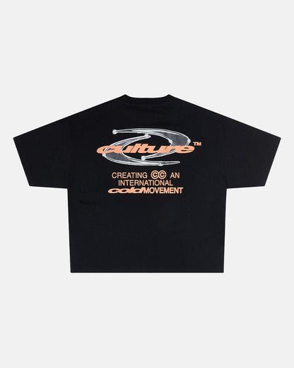 DYNAMIC TEE BLACK AND ORANGE - black graphic print tee, back view - Cold Culture